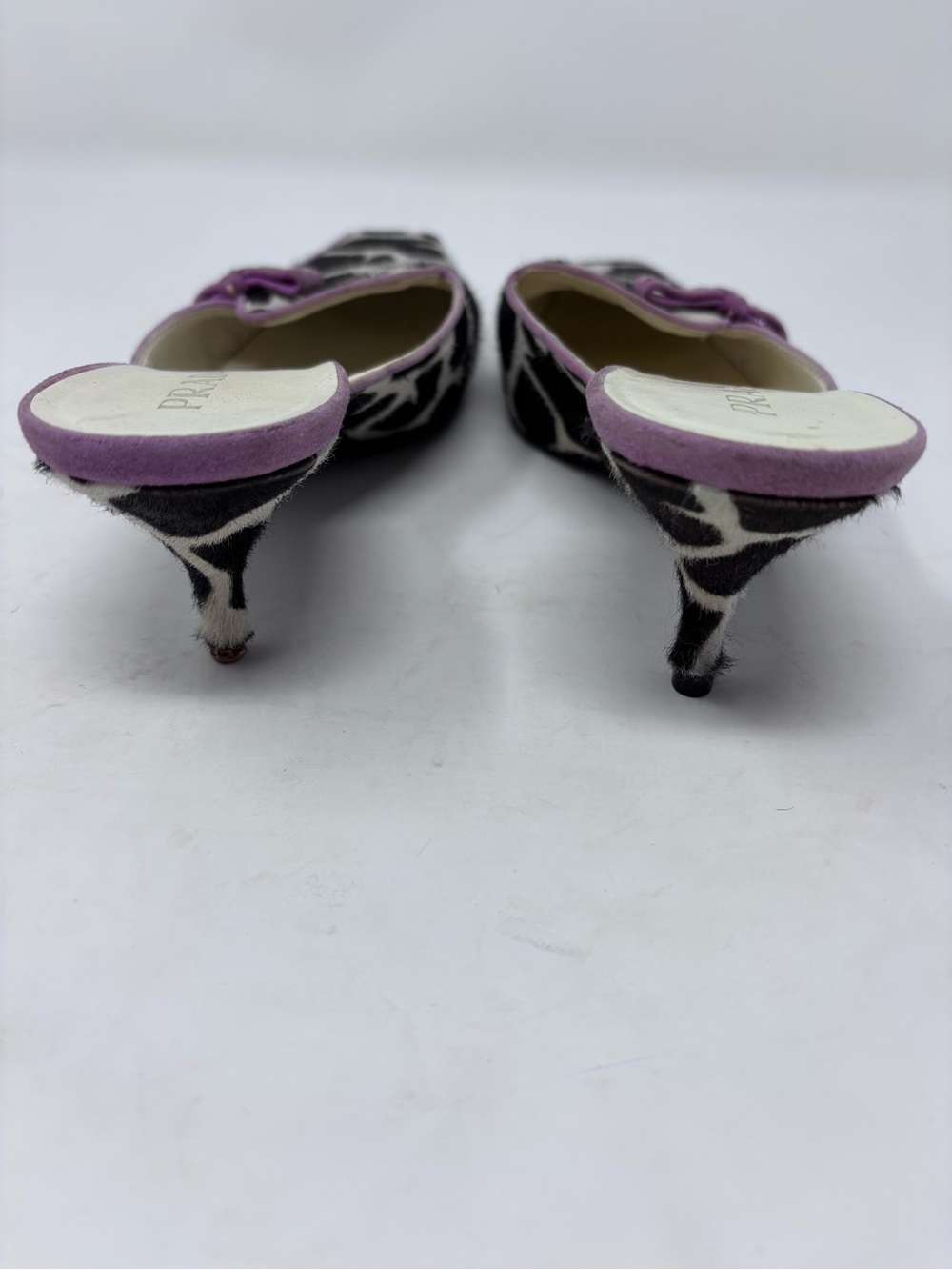 Vintage Prada Giraffe Print Calf Hair Kitten Heel Mule Square Toe Bow Archive 38 - Picture 9 of 11